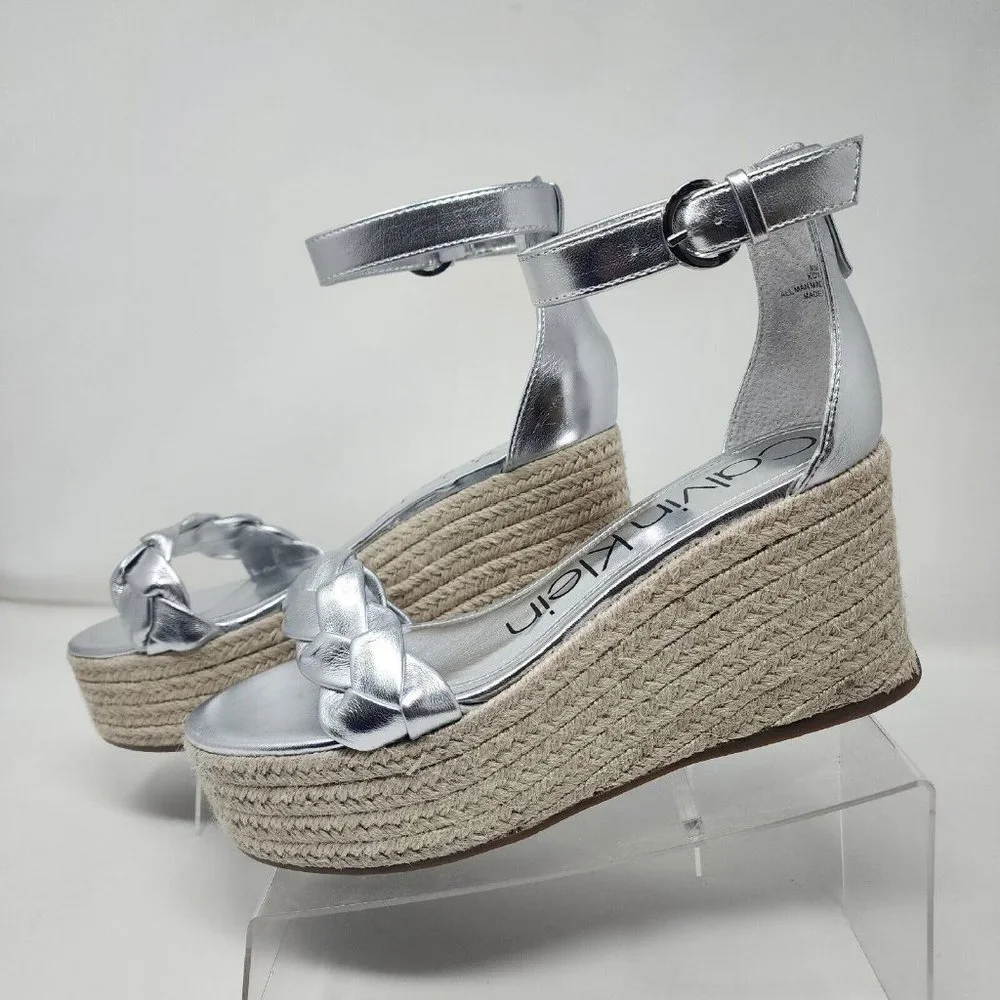 Calvin Klein Wedge Sandals Womens 8.5 Silver Thea Faux Leather Heels Shoes
